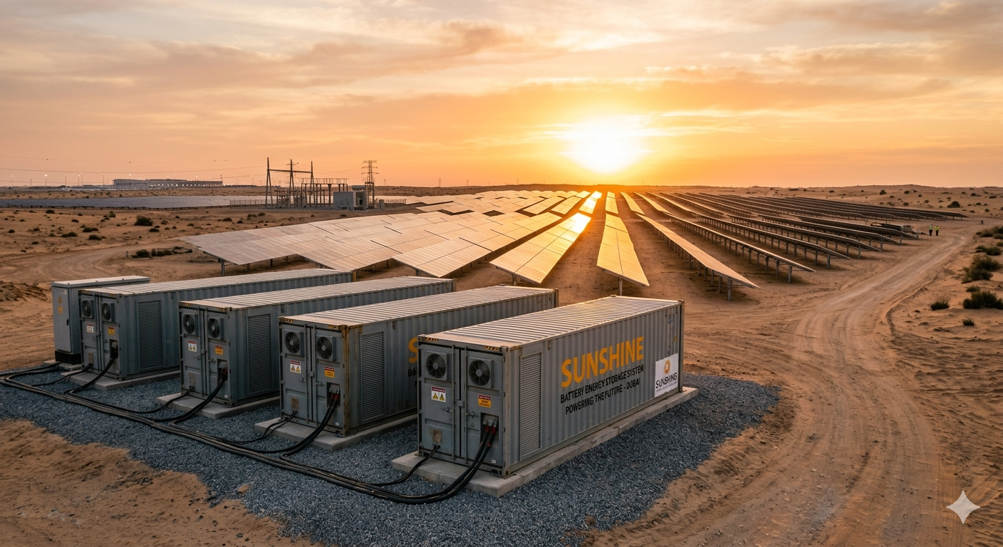 Solar farm with battery storage at sunset